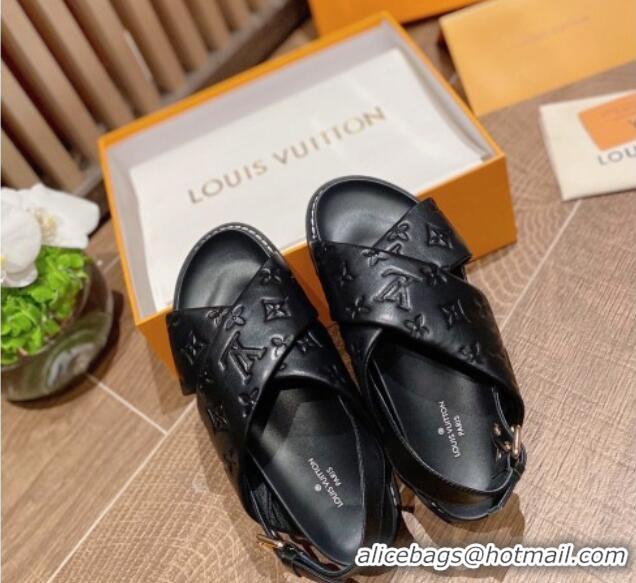 Good Quality Louis Vuitton Paseo Flat Comfort Crossover Monogram Leather Sandals Black 032351