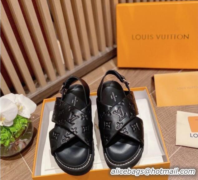 Good Quality Louis Vuitton Paseo Flat Comfort Crossover Monogram Leather Sandals Black 032351