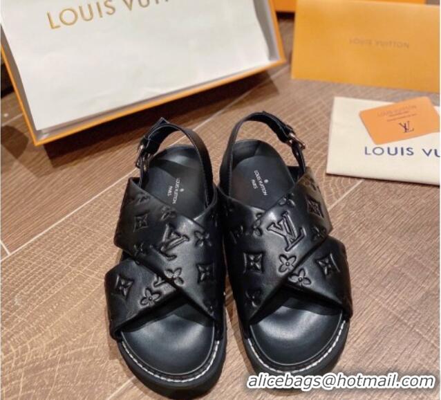 Good Quality Louis Vuitton Paseo Flat Comfort Crossover Monogram Leather Sandals Black 032351