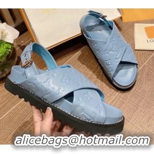 Duplicate Louis Vuitton Paseo Flat Comfort Crossover Monogram Leather Sandals Blue 032353