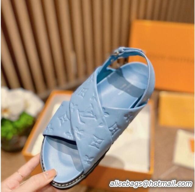 Duplicate Louis Vuitton Paseo Flat Comfort Crossover Monogram Leather Sandals Blue 032353