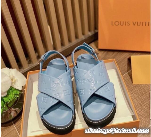 Duplicate Louis Vuitton Paseo Flat Comfort Crossover Monogram Leather Sandals Blue 032353