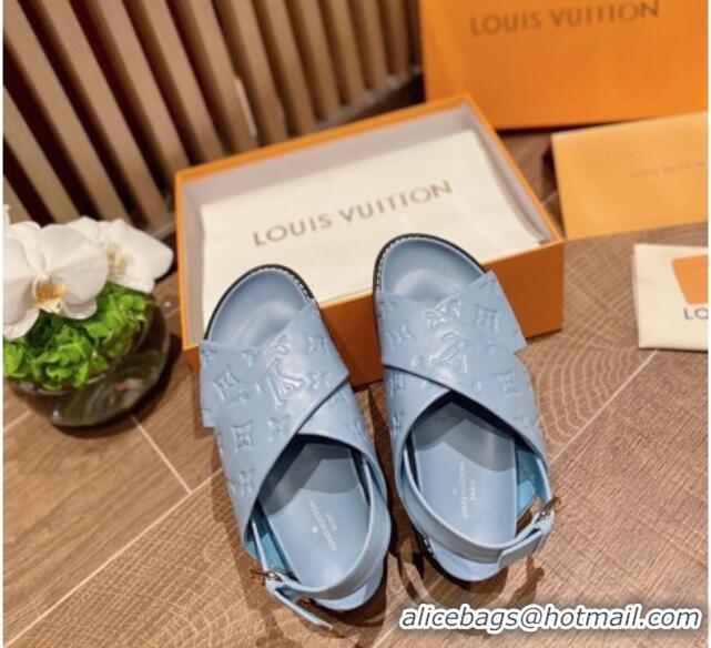 Duplicate Louis Vuitton Paseo Flat Comfort Crossover Monogram Leather Sandals Blue 032353