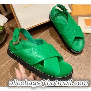 Hot Style Louis Vuitton Paseo Flat Comfort Crossover Monogram Leather Sandals Green 032354