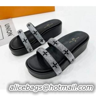 Charming Louis Vuitton Appeal Crystal Slender Straps Platform Slide Sandals Black 032355