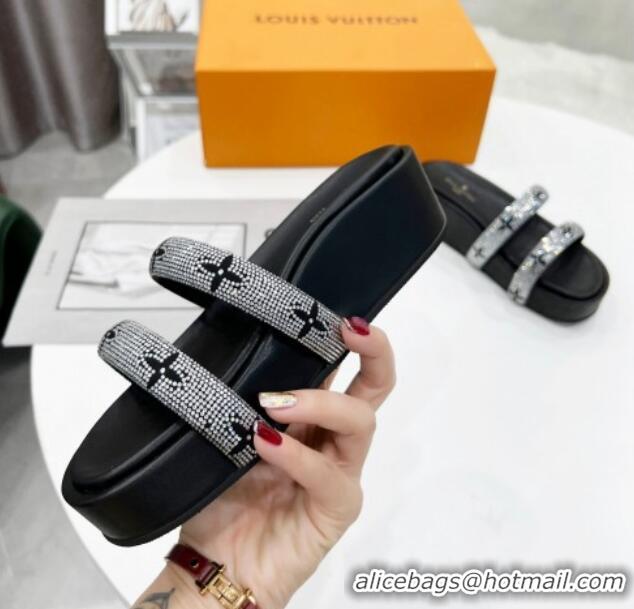 Charming Louis Vuitton Appeal Crystal Slender Straps Platform Slide Sandals Black 032355