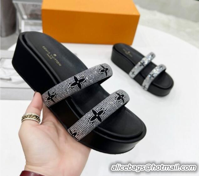 Charming Louis Vuitton Appeal Crystal Slender Straps Platform Slide Sandals Black 032355