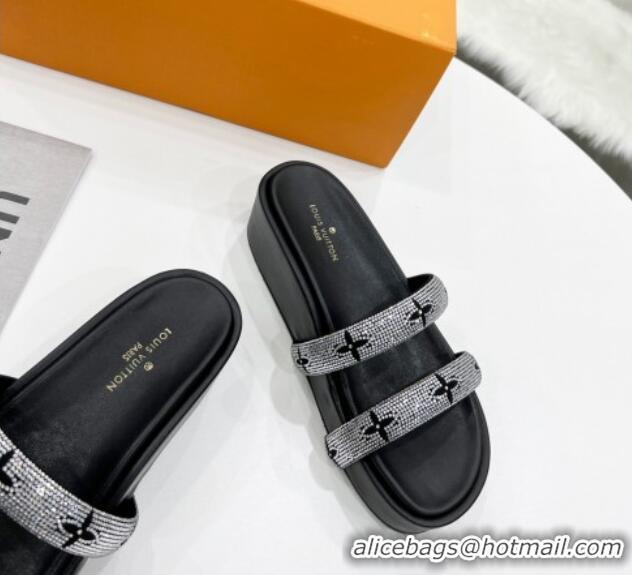 Charming Louis Vuitton Appeal Crystal Slender Straps Platform Slide Sandals Black 032355