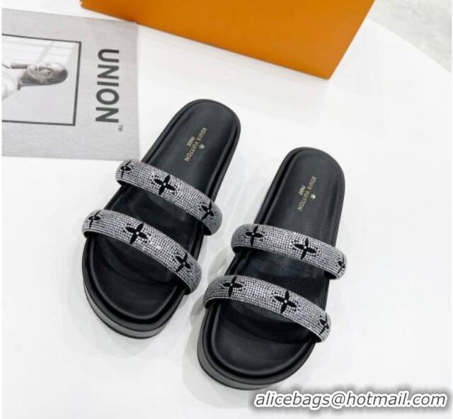 Charming Louis Vuitton Appeal Crystal Slender Straps Platform Slide Sandals Black 032355