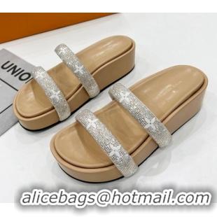 Good Looking Louis Vuitton Appeal Crystal Slender Straps Platform Slide Sandals Beige 032356