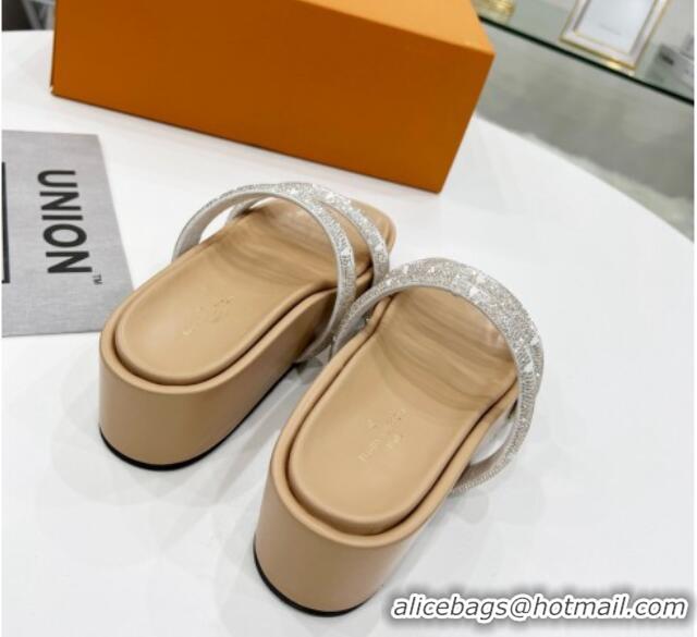 Good Looking Louis Vuitton Appeal Crystal Slender Straps Platform Slide Sandals Beige 032356