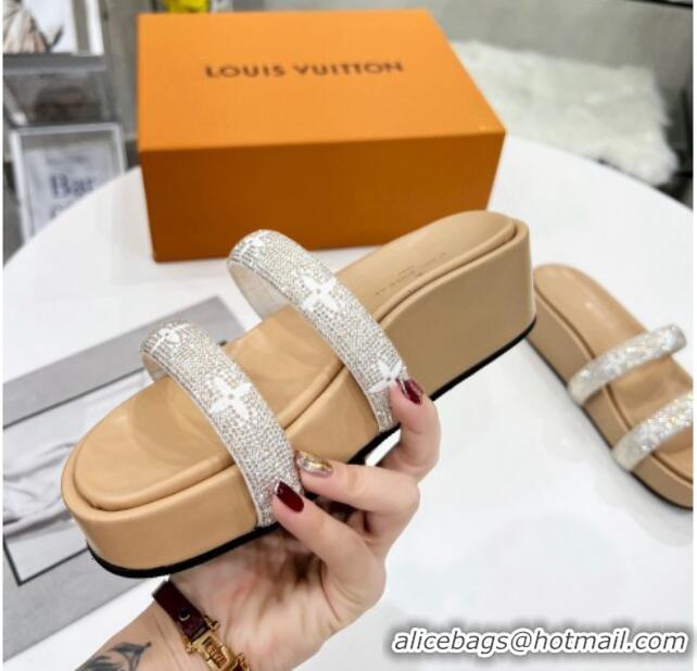 Good Looking Louis Vuitton Appeal Crystal Slender Straps Platform Slide Sandals Beige 032356