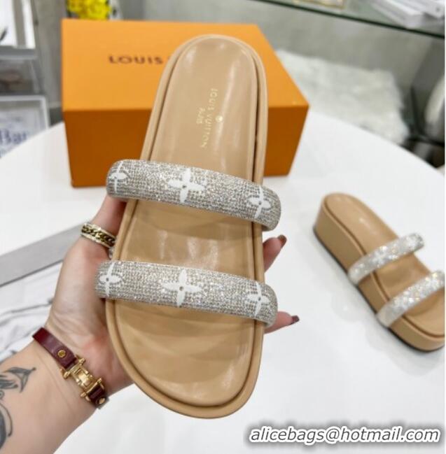 Good Looking Louis Vuitton Appeal Crystal Slender Straps Platform Slide Sandals Beige 032356