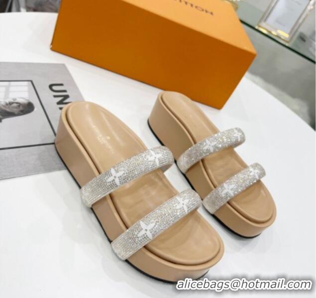 Good Looking Louis Vuitton Appeal Crystal Slender Straps Platform Slide Sandals Beige 032356