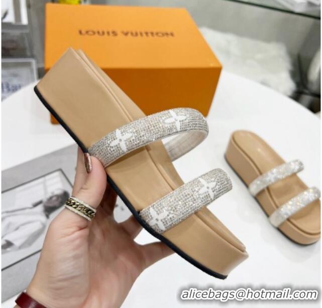 Good Looking Louis Vuitton Appeal Crystal Slender Straps Platform Slide Sandals Beige 032356