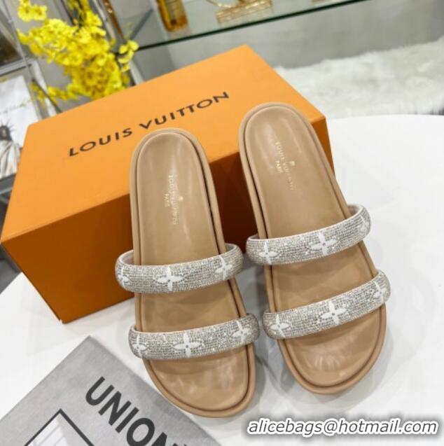 Good Looking Louis Vuitton Appeal Crystal Slender Straps Platform Slide Sandals Beige 032356