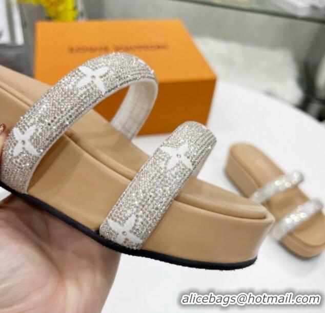 Good Looking Louis Vuitton Appeal Crystal Slender Straps Platform Slide Sandals Beige 032356