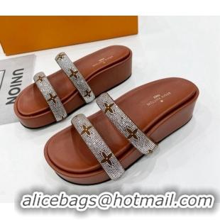 Grade Quality Louis Vuitton Appeal Crystal Slender Straps Platform Slide Sandals Brown 032357