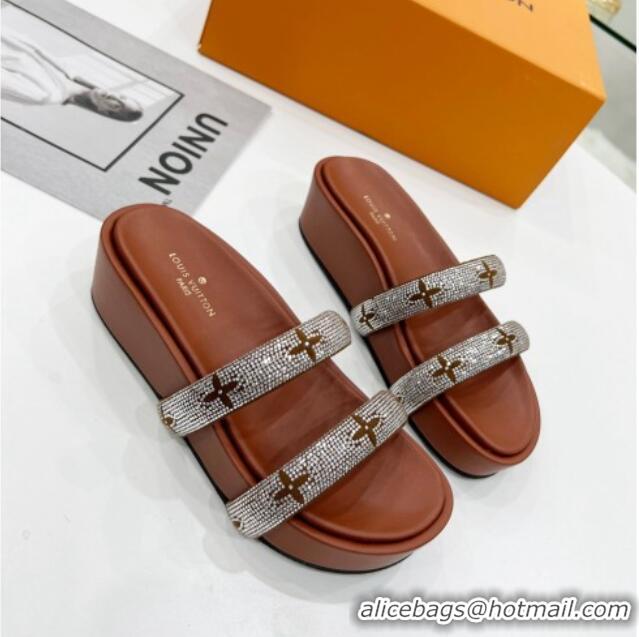 Grade Quality Louis Vuitton Appeal Crystal Slender Straps Platform Slide Sandals Brown 032357