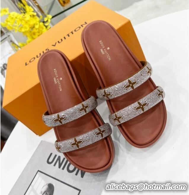 Grade Quality Louis Vuitton Appeal Crystal Slender Straps Platform Slide Sandals Brown 032357