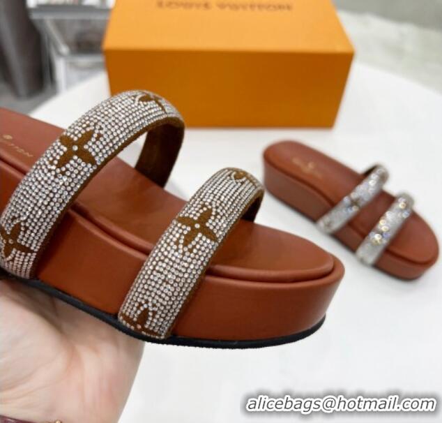 Grade Quality Louis Vuitton Appeal Crystal Slender Straps Platform Slide Sandals Brown 032357