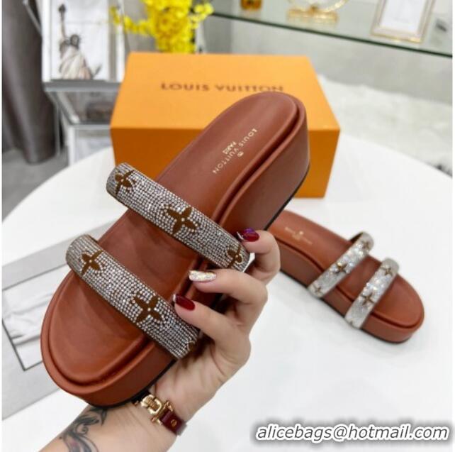 Grade Quality Louis Vuitton Appeal Crystal Slender Straps Platform Slide Sandals Brown 032357