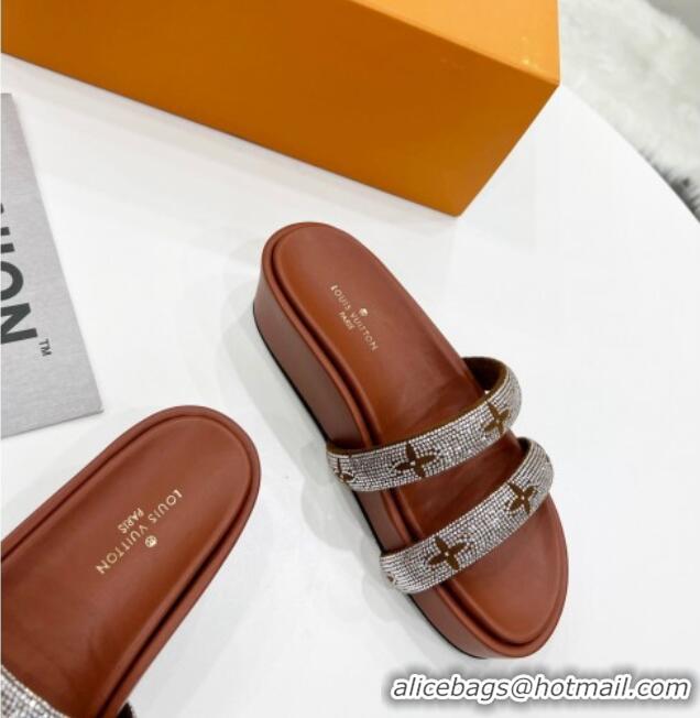 Grade Quality Louis Vuitton Appeal Crystal Slender Straps Platform Slide Sandals Brown 032357