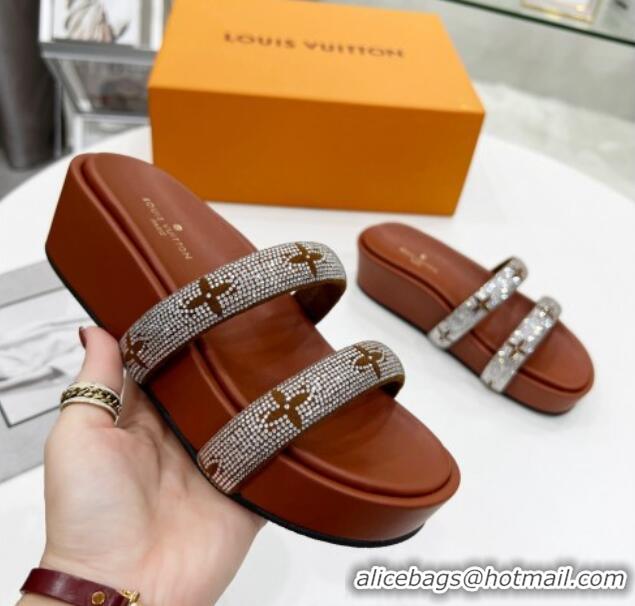 Grade Quality Louis Vuitton Appeal Crystal Slender Straps Platform Slide Sandals Brown 032357