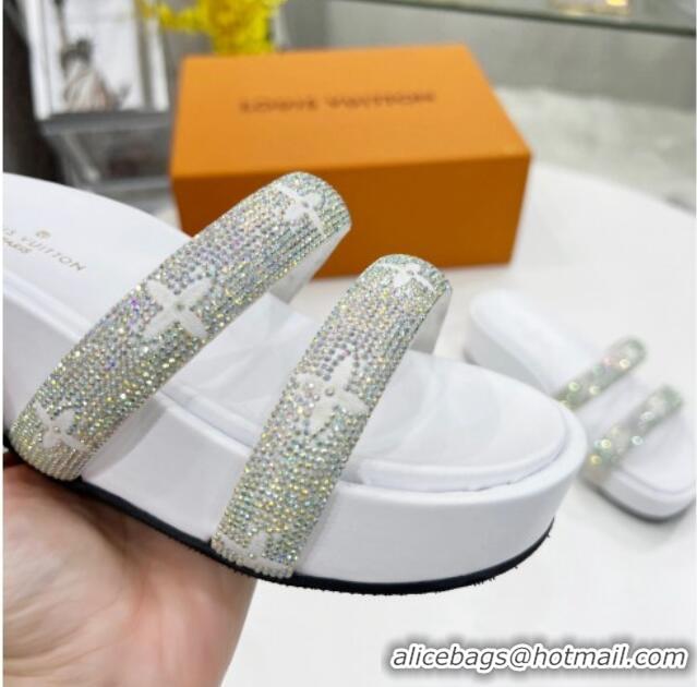 Good Product Louis Vuitton Appeal Crystal Slender Straps Platform Slide Sandals White 032358