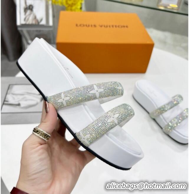 Good Product Louis Vuitton Appeal Crystal Slender Straps Platform Slide Sandals White 032358