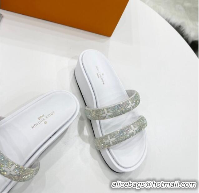 Good Product Louis Vuitton Appeal Crystal Slender Straps Platform Slide Sandals White 032358