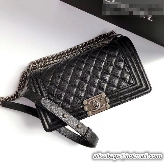 Buy Discount Chanel Grained Leather Medium Classic Boy Flap Bag A67086 Black/Aged Silver 2022