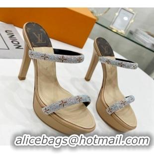 Stylish Louis Vuitton Appeal Crystal Slender Straps High Slide Sandals 10.5cm Beige 032360