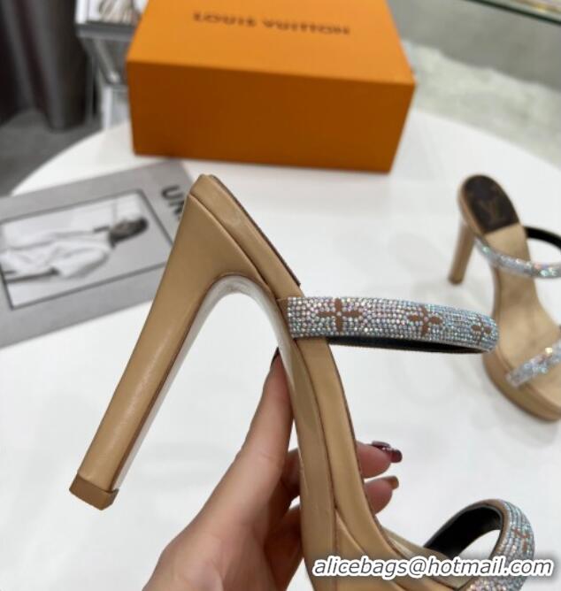 Stylish Louis Vuitton Appeal Crystal Slender Straps High Slide Sandals 10.5cm Beige 032360