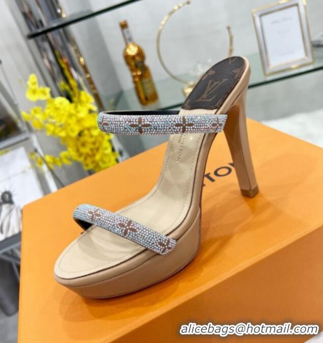 Stylish Louis Vuitton Appeal Crystal Slender Straps High Slide Sandals 10.5cm Beige 032360