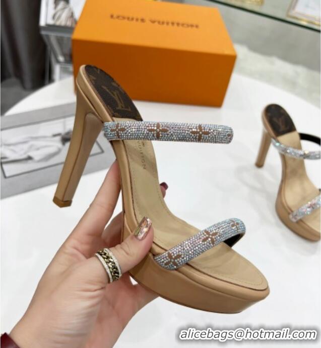 Stylish Louis Vuitton Appeal Crystal Slender Straps High Slide Sandals 10.5cm Beige 032360