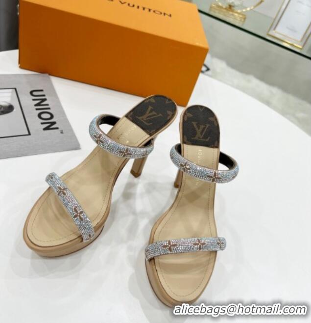 Stylish Louis Vuitton Appeal Crystal Slender Straps High Slide Sandals 10.5cm Beige 032360