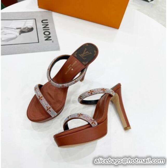 Good Quality Louis Vuitton Appeal Crystal Slender Straps High Slide Sandals 10.5cm Brown 032362