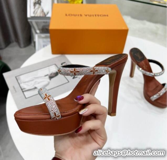 Good Quality Louis Vuitton Appeal Crystal Slender Straps High Slide Sandals 10.5cm Brown 032362