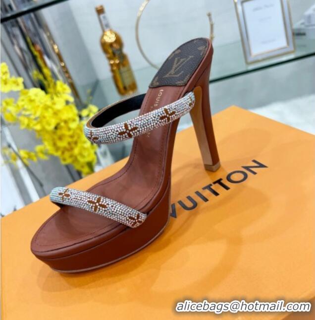 Good Quality Louis Vuitton Appeal Crystal Slender Straps High Slide Sandals 10.5cm Brown 032362