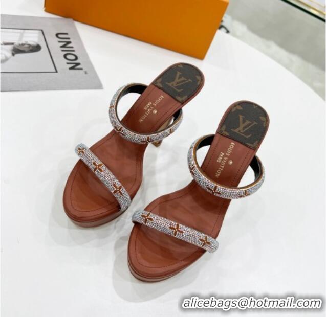 Good Quality Louis Vuitton Appeal Crystal Slender Straps High Slide Sandals 10.5cm Brown 032362