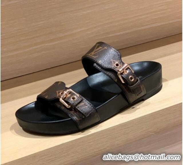 Purchase Louis Vuitton Bom Dia Monogram Canvas Flat Slide Sandals Brown/Black/Gold 032577