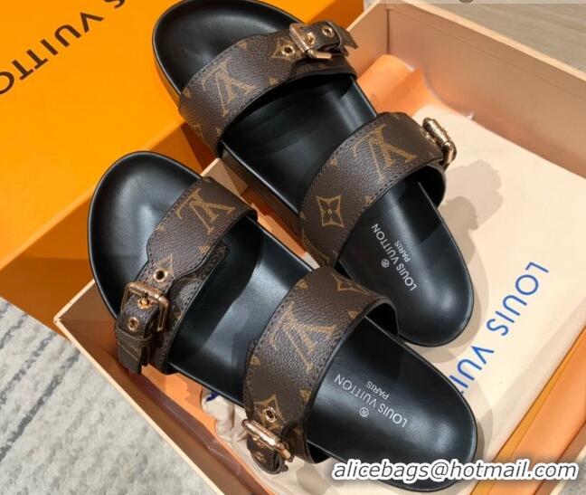 Purchase Louis Vuitton Bom Dia Monogram Canvas Flat Slide Sandals Brown/Black/Gold 032577