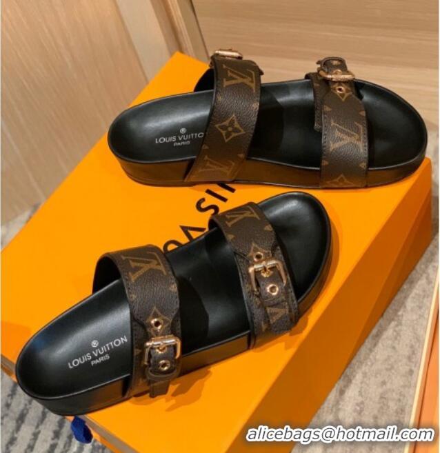 Purchase Louis Vuitton Bom Dia Monogram Canvas Flat Slide Sandals Brown/Black/Gold 032577