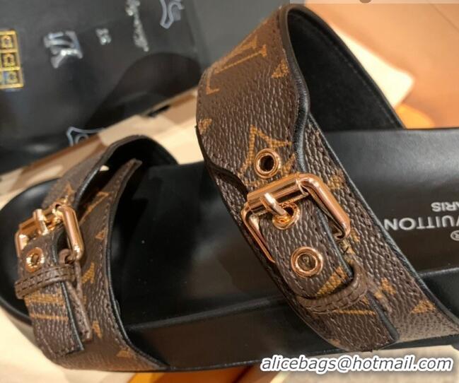 Purchase Louis Vuitton Bom Dia Monogram Canvas Flat Slide Sandals Brown/Black/Gold 032577