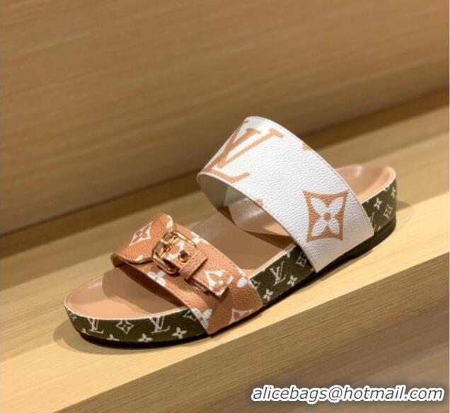 Luxury Louis Vuitton Bom Dia Monogram Canvas Flat Slide Sandals Brown/White 032578