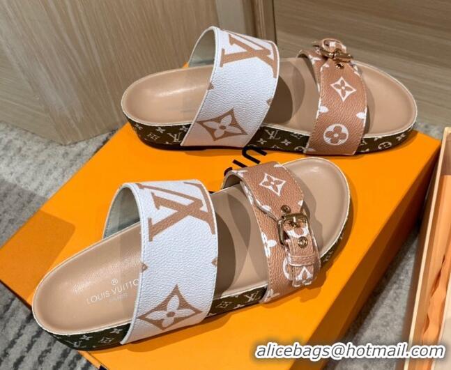 Luxury Louis Vuitton Bom Dia Monogram Canvas Flat Slide Sandals Brown/White 032578