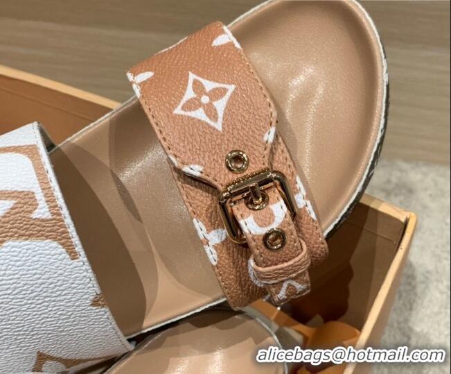 Luxury Louis Vuitton Bom Dia Monogram Canvas Flat Slide Sandals Brown/White 032578