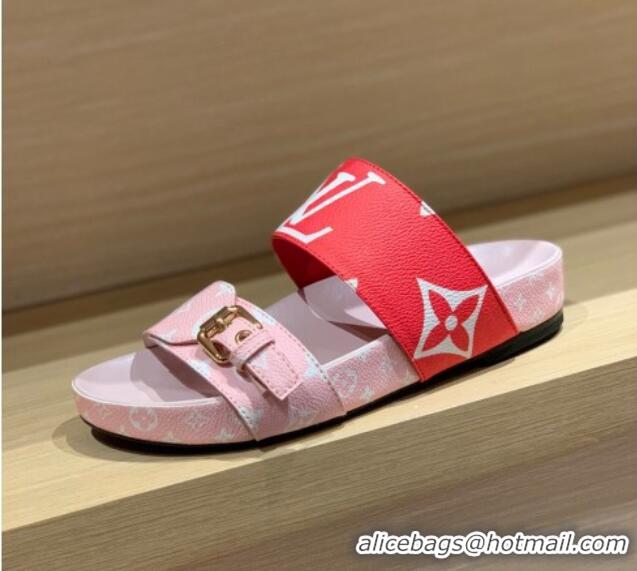 Discount Louis Vuitton Bom Dia Monogram Canvas Flat Slide Sandals Pink/Red 032579