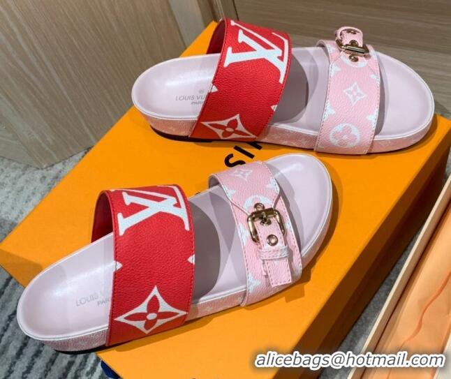 Discount Louis Vuitton Bom Dia Monogram Canvas Flat Slide Sandals Pink/Red 032579